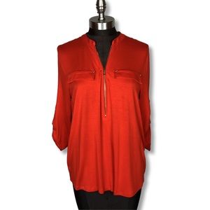 Calvin Klein Red Half Zip Flowy High Low Blouse